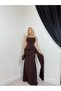 Women's Brown Strappy Square Neck Corset Detailed Draped Slim Fit Maxi Evening Dress - 2