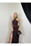 Women's Brown Halter Neck Slit Bodycon Maxi Evening Dress - 4