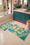 Yellow Turquoise Tropical Floral Patterned Bath Mat Set of 2 - 4