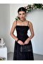 Women's Black Midi Dress with Thin Straps, Square Neck, Embroidered Tulle Evening Dress - 5