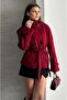 Arven High-Collar Belted Short Lined Checked Coat Red