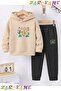 Dinosaurs Printed Winter Children's Hooded Cotton Insulated Tracksuit Set (Bottom Tracksuit with Pockets)