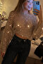 Disco Glam Mesh Transparent Unlined Sparkly Festival Sequin Glitter Flowy Spanish Sleeve Party Crop Top Blouse - 3