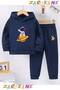 Yellow Planet Astronaut Printed Winter Children's Hooded Top and Bottom Cotton Track Suit (Bottom Pants with Pockets)