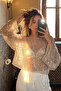 Disco Glam Mesh Transparent Unlined Sparkly Festival Sequin Glitter Flowy Spanish Sleeve Party Crop Top Blouse - 2