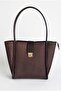 Women's Bitter Brown Zippered Suede Shoulder Bag and Inner Makeup Bag Set - 2-Piece Set with Lock Detail - 6