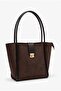Women's Bitter Brown Zippered Suede Shoulder Bag and Inner Makeup Bag Set - 2-Piece Set with Lock Detail - 4