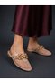 Women's Beige Patent Leather Large Stone Buckle Transparent Mesh Detailed Oval Toe Open Back Ballerinas - 2