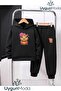 Kiz Cappy Printed Hooded Thick Cotton Inside Padding Tracksuit with Pockets Children's Top and Bottom Tracksuit Set