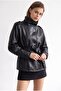 2223 Women's Stand Collar Double-Breasted Belted Trench Leather Jacket Black