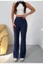 Women's Navy Blue Crepe Front Stitched High Waist Spanish Flare Pants Frv0222
