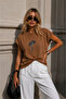 Women's Brown Palm Pattern Stone Detailed Short Sleeve Viscose Blouse - 2