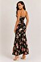 Women's Floral Patterned Drawstring Strap Long Dress – Black - 4
