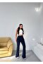Women's Navy Blue Crepe Front Stitched High Waist Spanish Flare Pants Frv0222 - 4