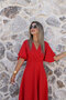 Red Flared Long Dress with Flounces on the Sleeves - 2