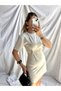 Women's Stone Beige Color Cycling Collar Short Sleeve Super Mini Brooch Dress - 4
