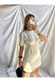 Women's Stone Beige Color Cycling Collar Short Sleeve Super Mini Brooch Dress - 9