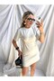 Women's Stone Beige Color Cycling Collar Short Sleeve Super Mini Brooch Dress - 8