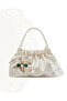 Ekru Satin Crystal Glass Stone Design Made with Pearl Handle, Foldable Bag, for Evening Dresses, Daily Use, Events, Celebrations..21
