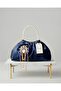 Royale Series Dark Blue Satin Pearl Handle Pleated Rose Patterned Handmade Luxury Bag, Wedding, Evening Dress, Engagement, Celebration, Daily Use.