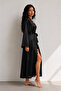 Spanish Style Long Satin Dressing Gown with Sleeves and Lace Collar - 2