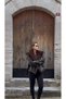 Women's Leather Jacket with Fur Collar and Belt at the Waist - 7