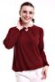 Women's Casual Draped Collar Detailed Burgundy Stylish Blouse