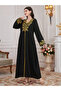 Black Embroidered V-Neck Maxi Jalabiya with Long Sleeves - 4