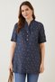 Blue Denim Cotton Top with Ruffle Neckline and Flamingo Print
