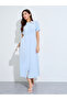 Blue Solid Short Sleeves Collarless Shirt Maxi Dress