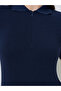 Navy Blue Collared Knitted Short Sleeve Top Front Zipper - 4