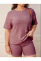 Plus Size Burgundy Ribbed Short Sleeve Top and Shorts Pyjama Set