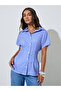 Blue Striped Ruched Waist Short Sleeves Shirt - 3