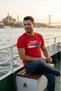 Red with White and Blue Colorful Silhouette of the Golden Horn Bridge and Istanbul Written Men's T-Shirt Cotton Combed T-Shirt