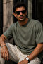 Men's Khaki Mercerized Interlock Fabric Oversize T-Shirt - 3