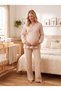 New Season Beige Muslin Fabric Double-Breasted Tie-Detail Long Sleeve Design 100% Cotton Maternity Pajama Set with Easy Breastfeeding Feature
