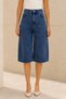 Women's Blue Washed High Waist Wide Leg Long Denim Bermuda Shorts - 2