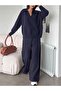 Women's Navy Blue Polo Collar V-Neck Knitwear Blouse Pants Bottom Top Double Set