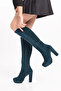 Genuine Leather Platform Wedge Heeled Boots Shhn.3086 Petrol Blue
