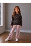 Girl's Heart Patterned Top and Bottom Set with Striped Pants and Ribbon Detail - 2