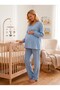 New Season Indigo Muslin Fabric Double-Breasted Tie-Detail Long Sleeve Design 100% Cotton Maternity Pajama Set with Easy Breastfeeding Feature - 5