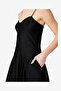 Women's Black Cotton Sateen Pleated Midi Dress - 3