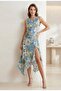 Blue Floral Patterned Zero Sleeve Slit Asymmetrical Midi Dress(E7)