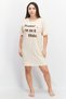 Women Round Neck Short Sleeve Graphic Print Sleepwear Dress, Beige Combo
