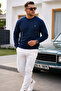 Navy Blue Plain Sleeve Regular Men's Sweatshirt - 5