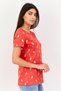 Women Crew Neck Short Sleeve Christmas Print T-Shirt, Red - 3
