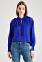 Boss Women Tie Neck Solid Long Sleeve Blouse, Royal Blue