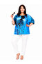 Plus Size Leopard Print Floral Applique Stone and Tulle Detailed Bat Sleeve Relaxed Fit Women's Blouse