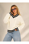 Women's Ecru V-Neck Striped Oversize Knitwear Sweater with Hair Braid Detail