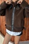Women's Leather Striped Stand Collar Plush Jacket - Oversize Teddy Biker Coat - 4